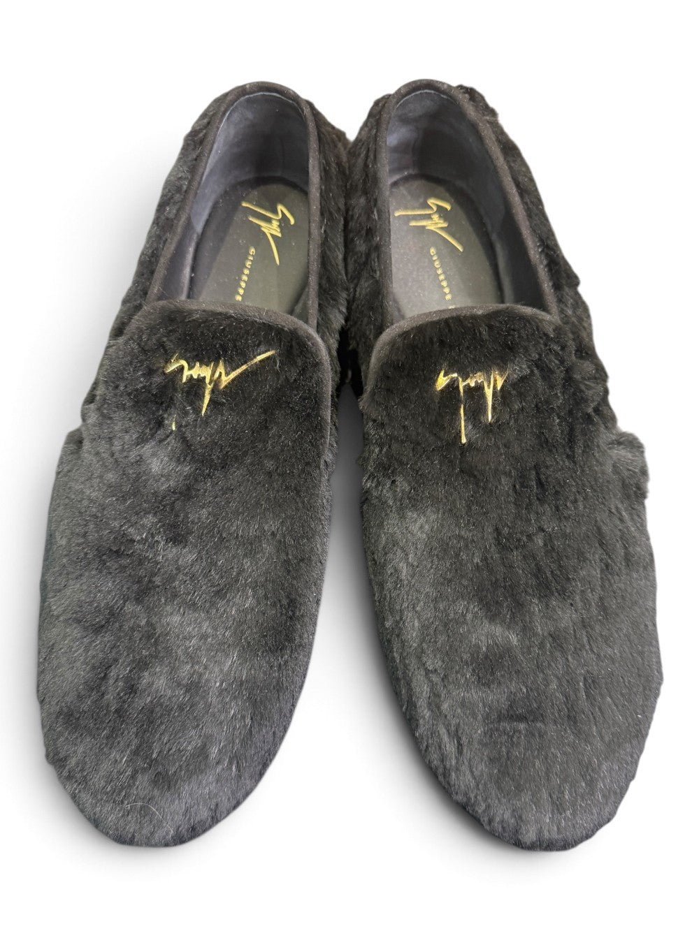 Giuseppe Zanotti Men's Black Rabbit Fur Loafers with Gold Signature – US 11 (EU 44)|993