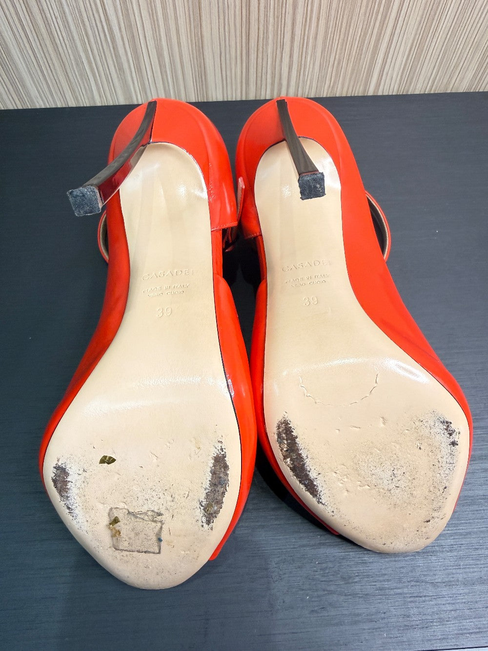 Casadei Red Patent Leather Ankle Strap Peep Toe Pumps. Size 39|68