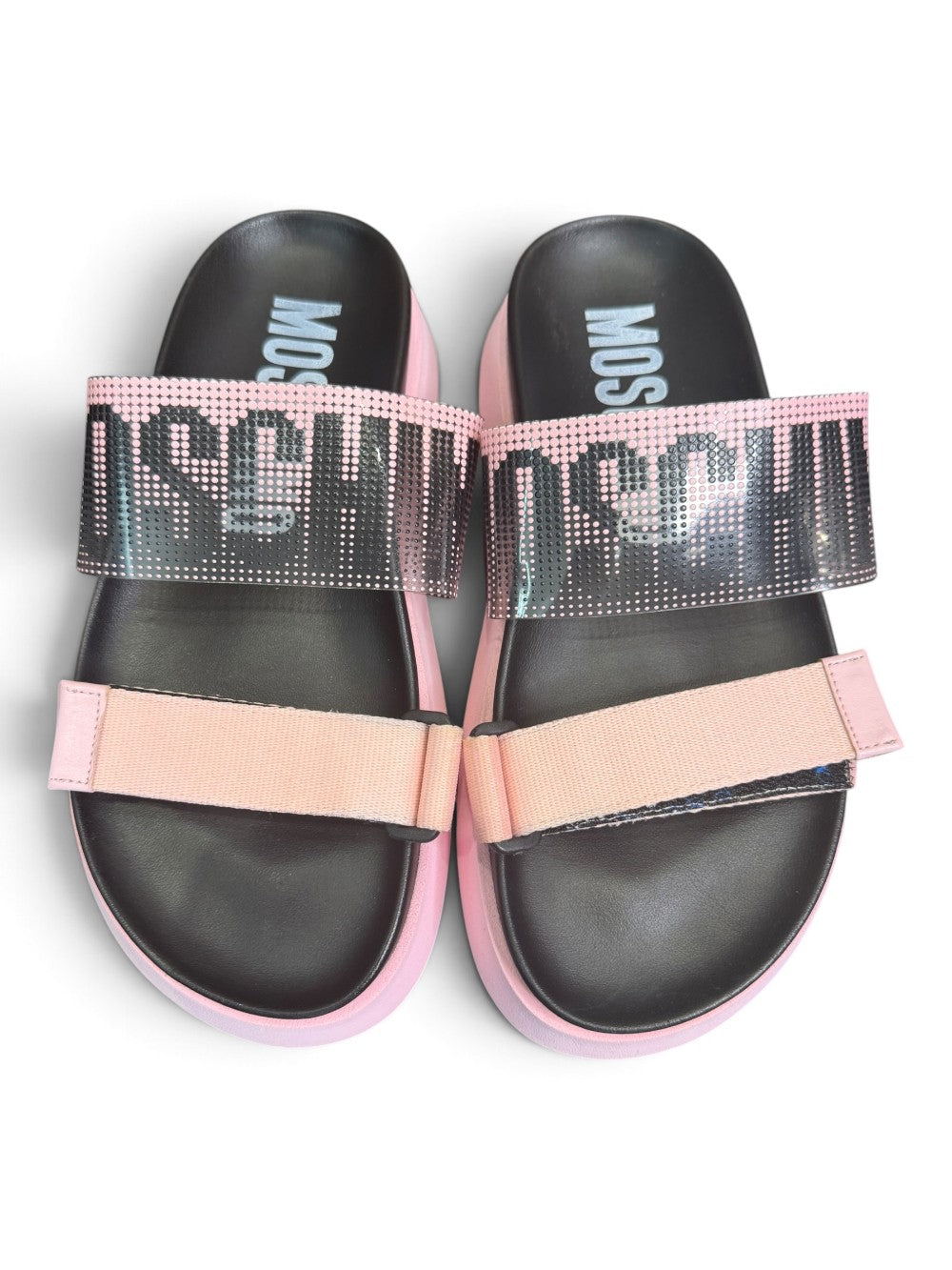 Moschino Pink & Black Embellished Logo Platform Slide Sandals|989
