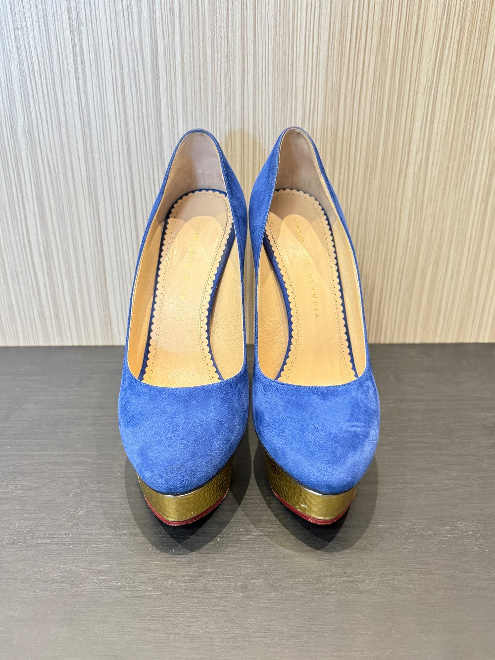 Charlotte Olympia Blue Suede Platform Pumps Gold Platform Size EU 39.|29
