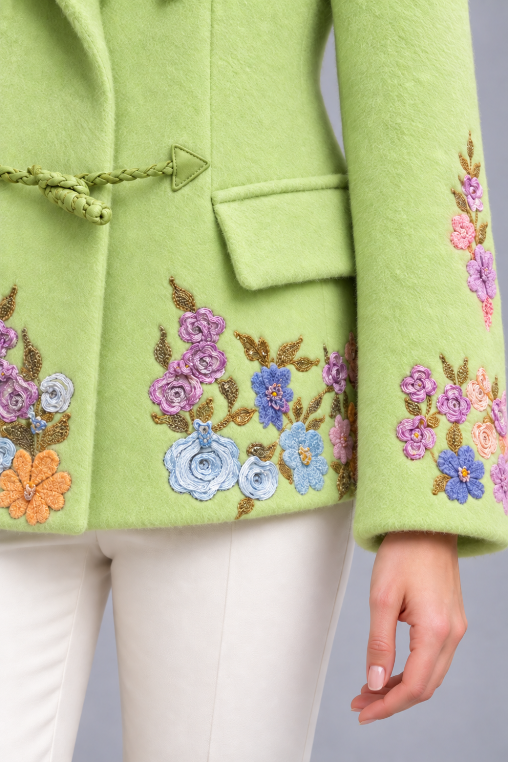 Light Lime Green Wool & Mohair Jacket with Floral Embroidery and Fur Collar|1010
