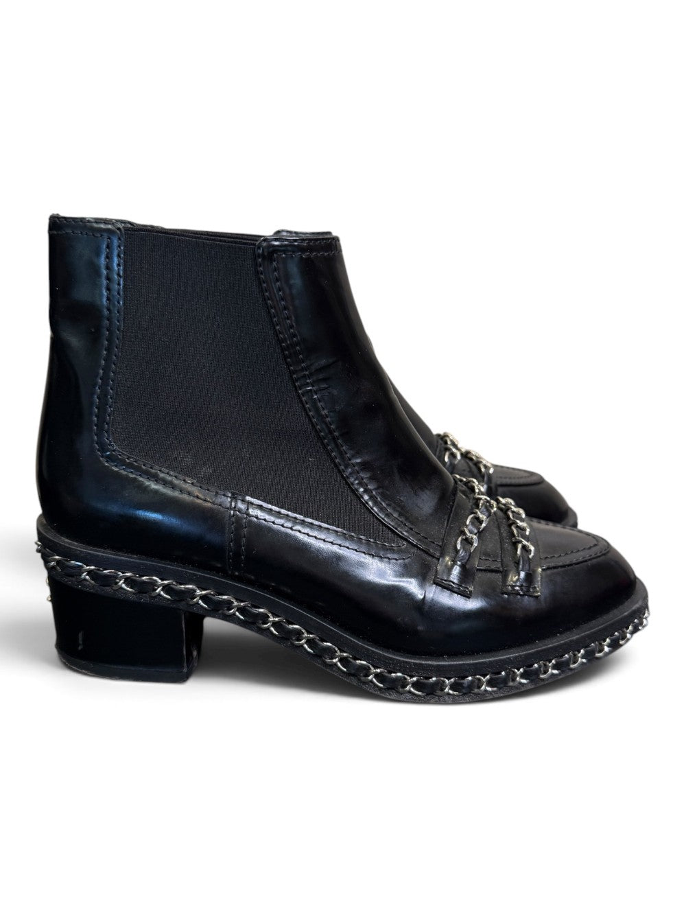 Chanel Black Leather Chain-Trim Chelsea Loafer Ankle Boots Size 37|781