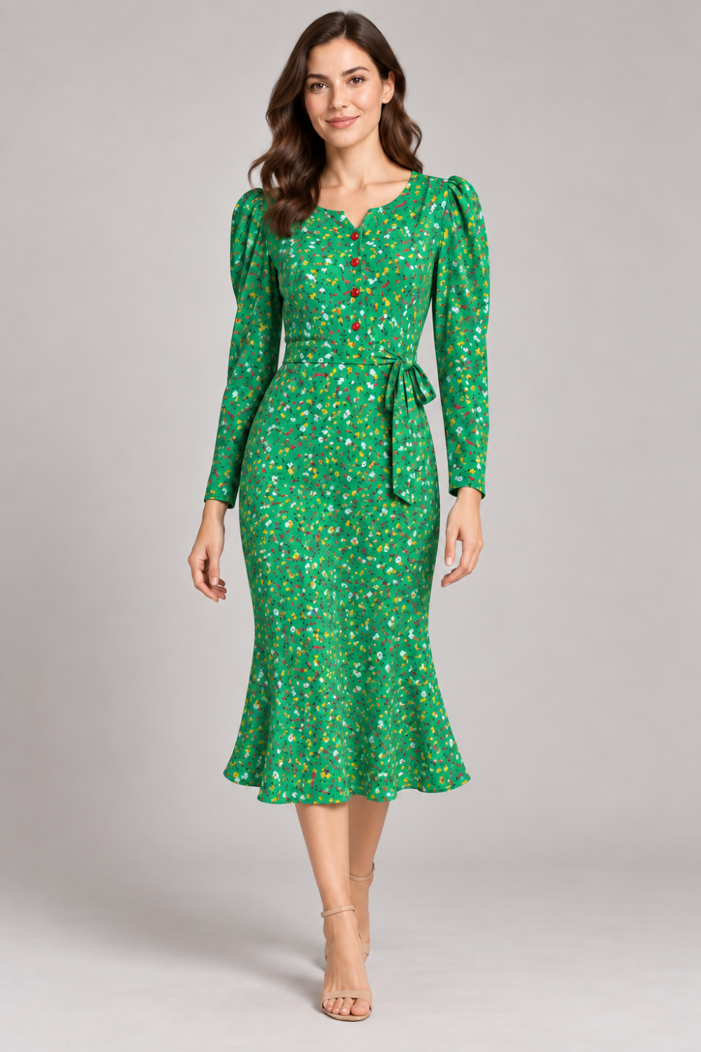 G. Novak Green Floral Belted Long-Sleeve Midi Dress|890