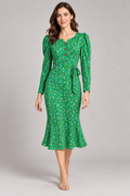 G. Novak Green Floral Belted Long-Sleeve Midi Dress|890