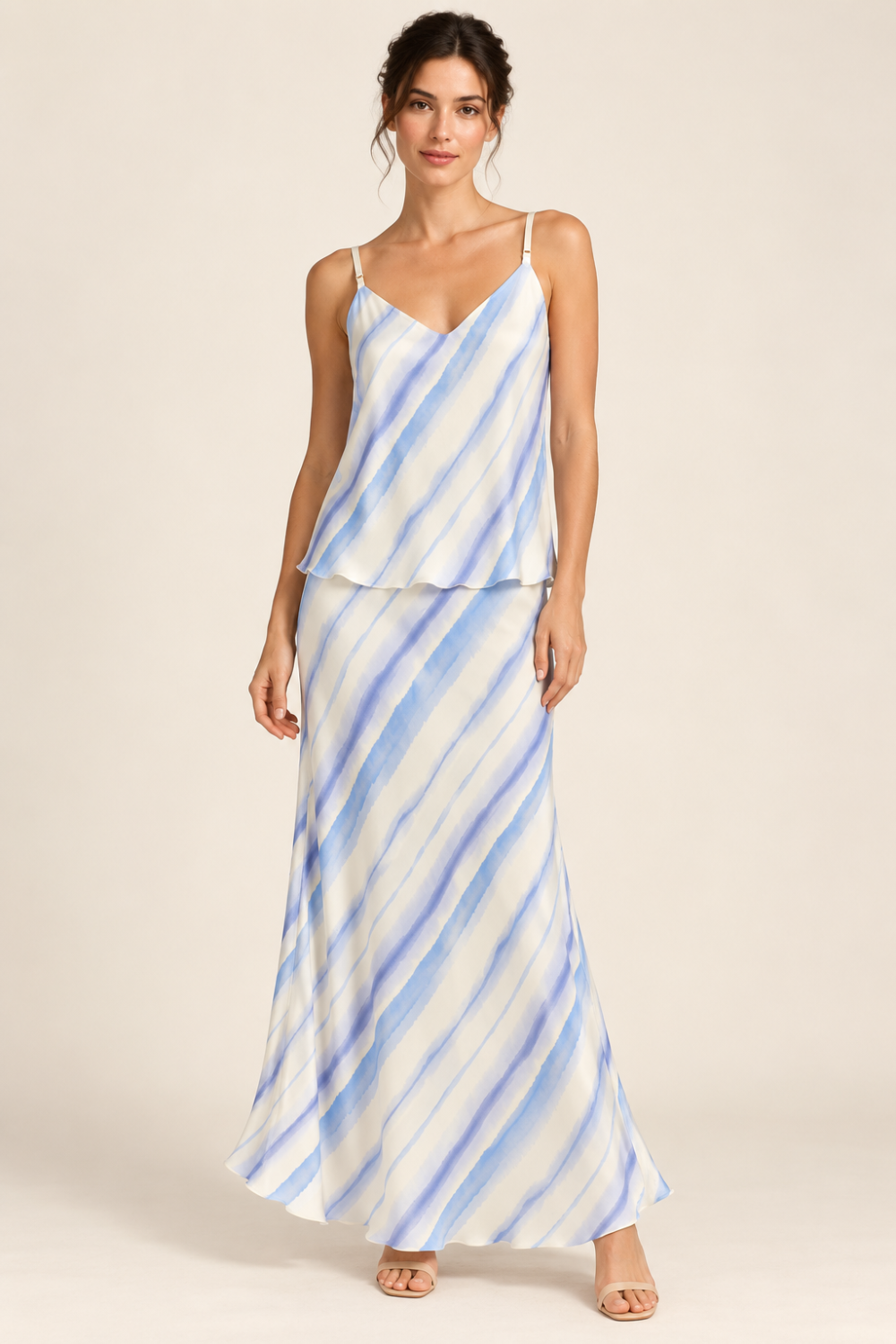 WI&CO Blue Stripe Three-Piece Maxi Skirt Set with Quilted Jacket|932