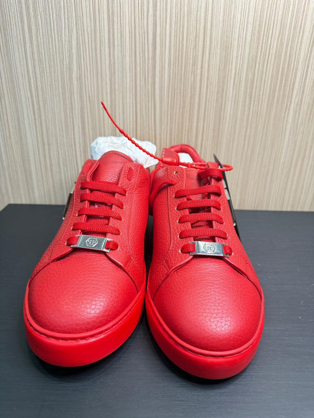 Philipp Plein Red Pebbled Leather Hexagon Logo Sneakers – Size 43|133
